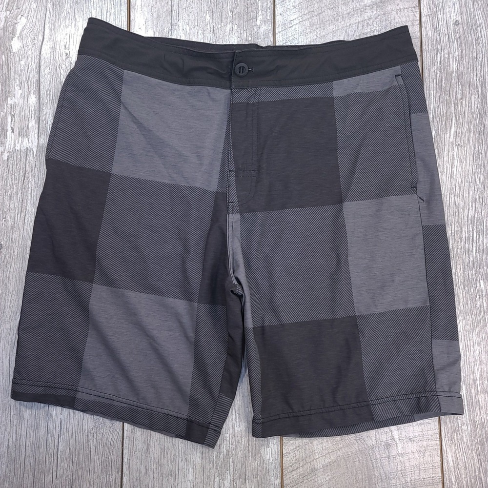 Prana Saxton Hybrid Shorts Men 34 Grey Black Checkered Stretch Swim Trunks